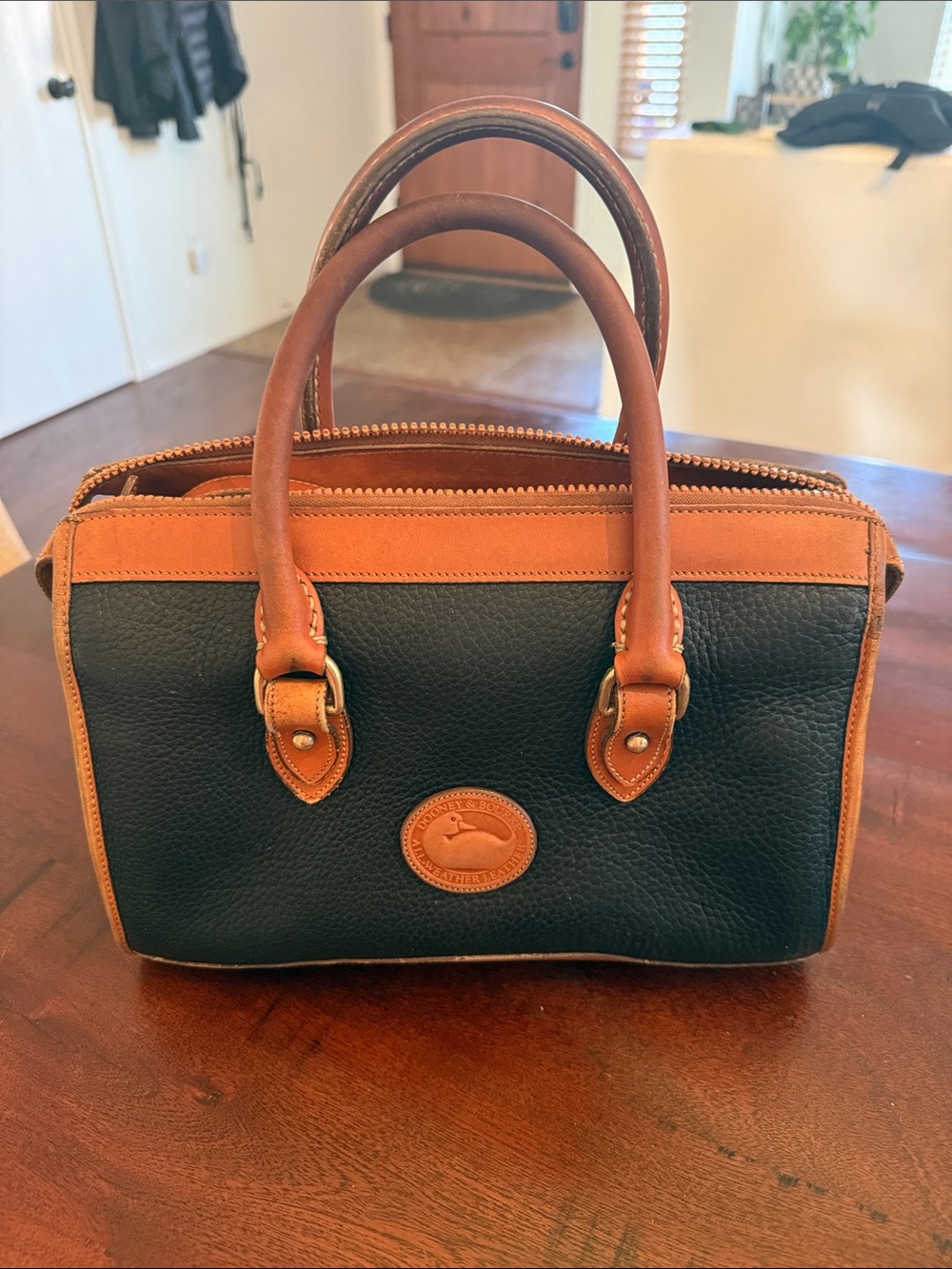 Vintage Dooney & Bourke Black and British Tan Leather Satchel - Early 90s